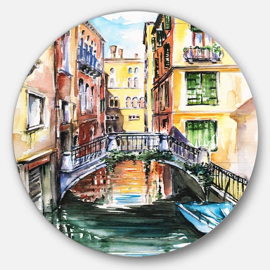 Designart - Venice Canal Meeting Bridge' Cityscape Metal Circle Wall Art